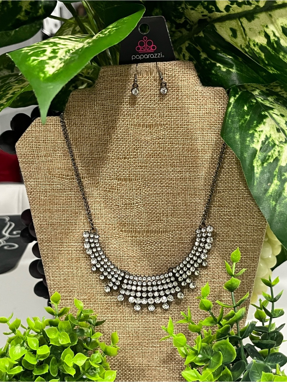 paparazzi Silver-Tone Multi-Row Crystal Bib Necklace with Matching Drops